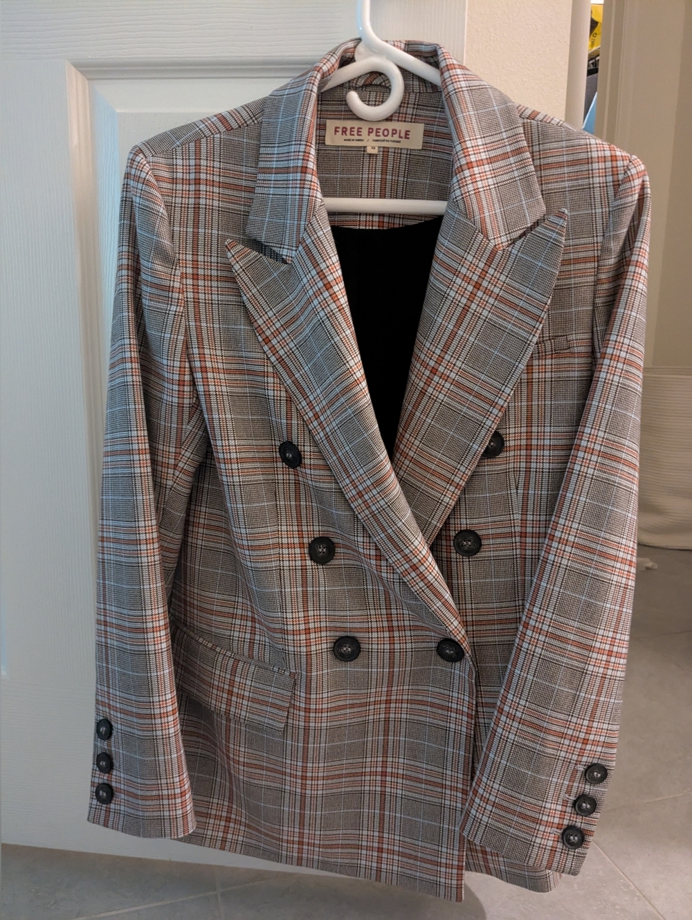 Free People Brown and Cream Plaid Double-Breasted Blazer Excellent Condition XS